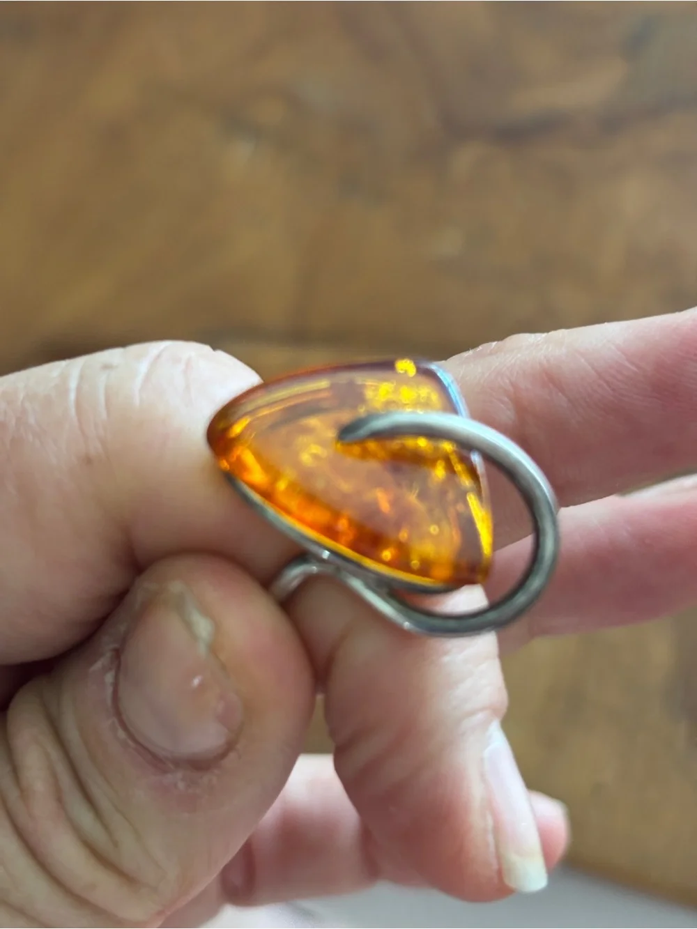 Amber Teardrop Sterling Ring - Orange Gemstone sz 6 3/4